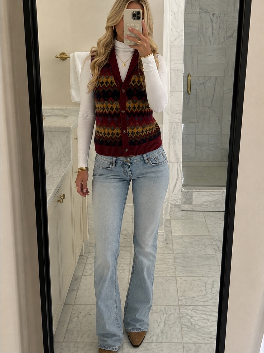 Eddie Bauer Red Patterned Wool Button-Up Vest